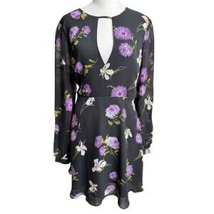 Forever 21 Dark Floral Sheer Sleeve Keyhole Mini Dress Large